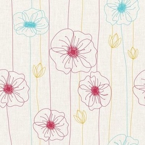 Poppy Flowers - Line Art - viva magenta, blue, yellow
