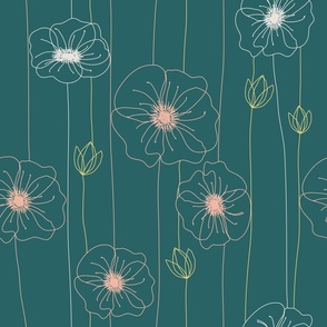 Poppy Flowers - Line Art - green and pink 