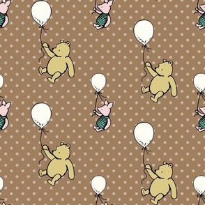 Bigger Scale Classic Pooh and Piglet with Balloons on Tan Polkadots