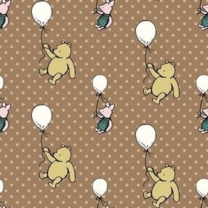 Smaller Scale Classic Pooh and Piglet with Balloons on Tan Polkadots
