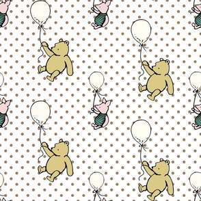 Bigger Scale Classic Pooh and Piglet with Balloons on Tan Polkadots