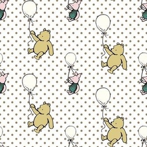 Smaller Scale Classic Pooh and Piglet with Balloons on Tan Polkadots
