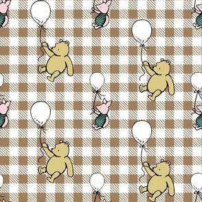 Bigger Scale Classic Pooh and Piglet with Balloons on Tan Gingham