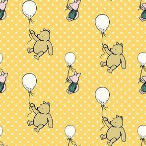 Smaller Scale Classic Pooh and Piglet with Balloons on Yellow Gold Polkadots