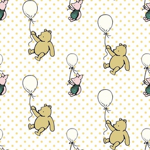 Bigger Scale Classic Pooh and Piglet with Balloons on Yellow Gold Polkadots