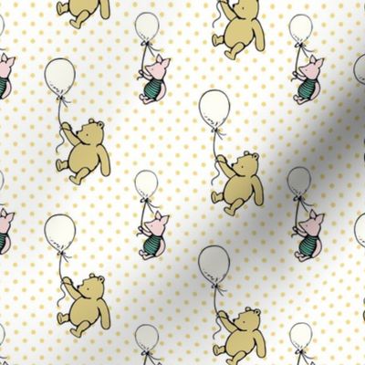 Smaller Scale Classic Pooh and Piglet with Balloons on Yellow Gold Polkadots