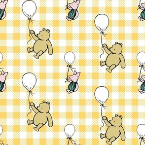 Bigger Scale Classic Pooh and Piglet with Balloons on Yellow Gold Gingham