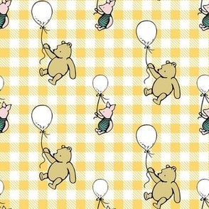 Smaller Scale Classic Pooh and Piglet with Balloons on Yellow Gold Gingham