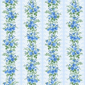 Traditional Lacy Floral Border Blue Small Scale
