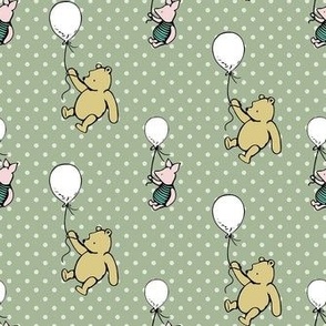 Smaller Scale Classic Pooh and Piglet with Balloons on Sage Green Polkadots