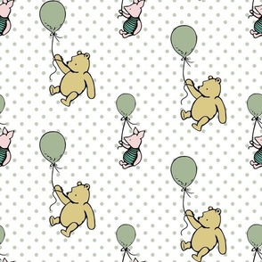 Bigger Scale Classic Pooh and Piglet with Balloons on Sage Green Polkadots