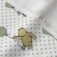 Smaller Scale Classic Pooh and Piglet with Balloons on Sage Green Polkadots