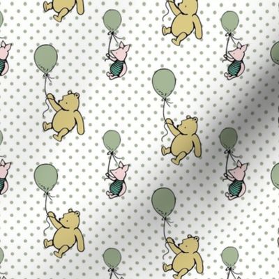 Smaller Scale Classic Pooh and Piglet with Balloons on Sage Green Polkadots