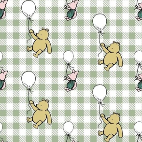 Bigger Scale Classic Pooh and Piglet with Balloons on Sage Green Gingham Checker