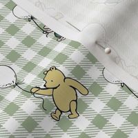 Smaller Scale Classic Pooh and Piglet with Balloons on Sage Green Gingham Checker