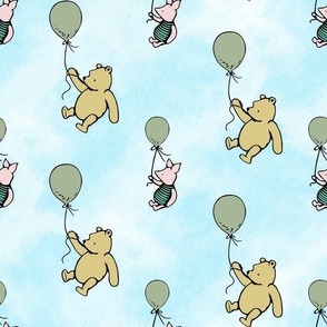 Bigger Scale Classic Pooh and Piglet with Sage Green Balloons on Blue Skies