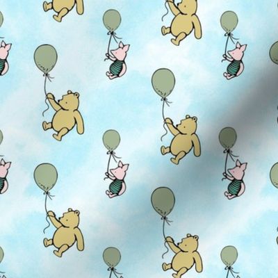 Smaller Scale Classic Pooh and Piglet with Sage Green Balloons on Blue Skies
