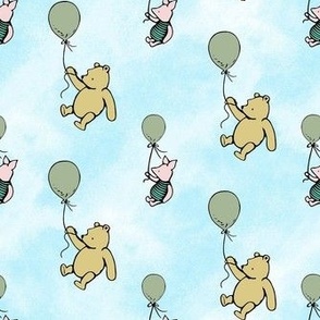 Smaller Scale Classic Pooh and Piglet with Sage Green Balloons on Blue Skies