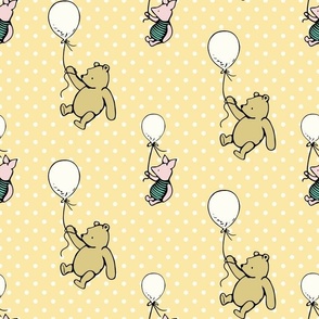 Bigger Scale Classic Pooh and Piglet with Balloons on Soft Golden Yellow Polkadots