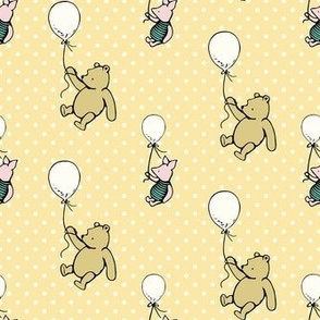 Smaller Scale Classic Pooh and Piglet with Balloons on Soft Golden Yellow Polkadots