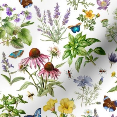 14" antique hand painted herbs and medicinal plants with butterflies and pink wildflowers peas,and grasses on white background-for home decor Baby Girl   and  nursery fabric perfect for kidsroom wallpaper,kids room