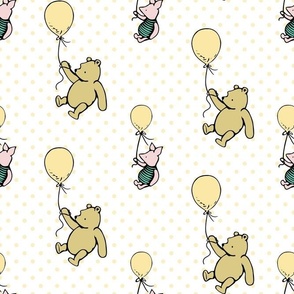 Bigger Scale Classic Pooh and Piglet with Balloons on Soft Golden Yellow Polkadots
