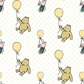 Smaller Scale Classic Pooh and Piglet with Balloons on Soft Golden Yellow Polkadots