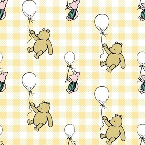 Bigger Scale Classic Pooh and Piglet with Balloons on Soft Golden Yellow Gingham Checker