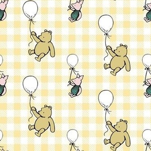 Smaller Scale Classic Pooh and Piglet with Balloons on Soft Golden Yellow Gingham Checker
