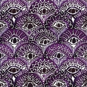 Mystical Watercolor Eye Scallops - Ditsy  Scale - Deep Purple Violet Indigo