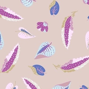 Boho tiny fantasy leaves, pink folk floral