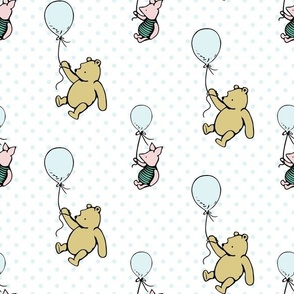 Bigger Scale Classic Pooh and Piglet with Balloons on Pale Blue Polkadots
