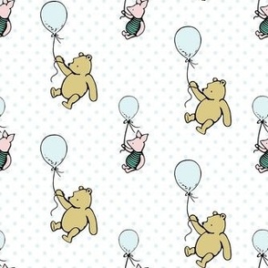 Smaller Scale Classic Pooh and Piglet with Balloons on Pale Blue Polkadots
