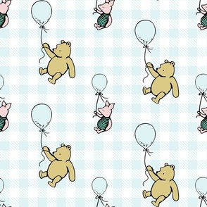 Bigger Scale Classic Pooh and Piglet with Balloons on Pale Blue Gingham