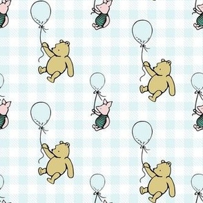 Smaller Scale Classic Pooh and Piglet with Balloons on Pale Blue Gingham