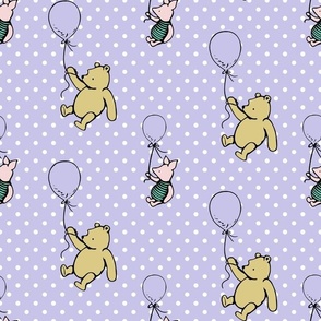 Bigger Scale Classic Pooh and Piglet with Balloons on Lavender Pale Purple Polkadots