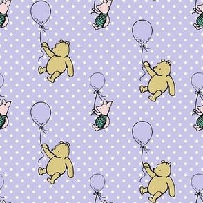 Smaller Scale Classic Pooh and Piglet with Balloons on Lavender Pale Purple Polkadots