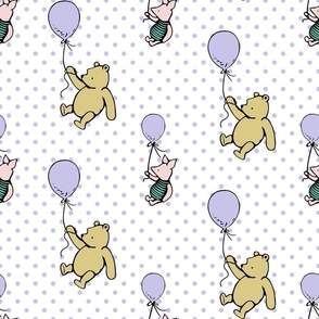 Bigger Scale Classic Pooh and Piglet with Balloons on Lavender Pale Purple Polkadots