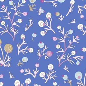 Boho tiny fantasy flowers, pink blue folk floral