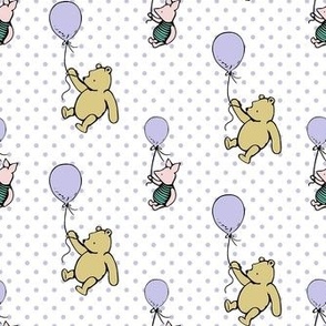 Smaller Scale Classic Pooh and Piglet with Balloons on Lavender Pale Purple Polkadots