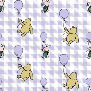 Bigger Scale Classic Pooh and Piglet with Balloons on Lavender Pale Purple Gingham Checker