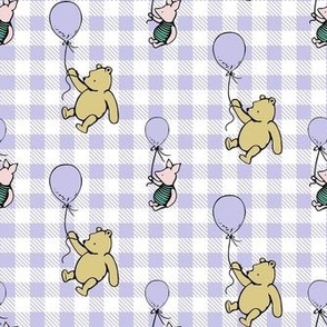Smaller Scale Classic Pooh and Piglet with Balloons on Lavender Pale Purple Gingham Checker