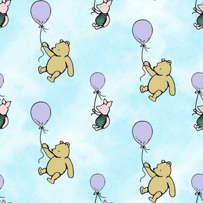 Bigger Scale Classic Pooh and Piglet with Lavender Balloons on Blue Skies
