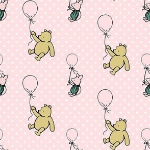 Smaller Scale Classic Pooh and Piglet with Balloons on Pale Pink Polkadots