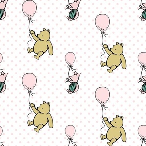 Bigger Scale Classic Pooh and Piglet with Balloons on Pale Pink Polkadots