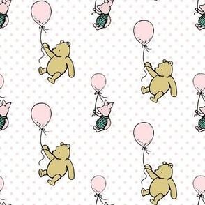 Smaller Scale Classic Pooh and Piglet with Balloons on Pale Pink Polkadots