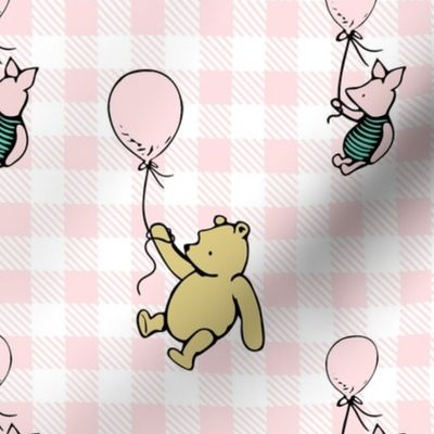 Bigger Scale Classic Pooh and Piglet with Balloons on Pale Pink Gingham Checker