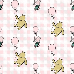 Bigger Scale Classic Pooh and Piglet with Balloons on Pale Pink Gingham Checker