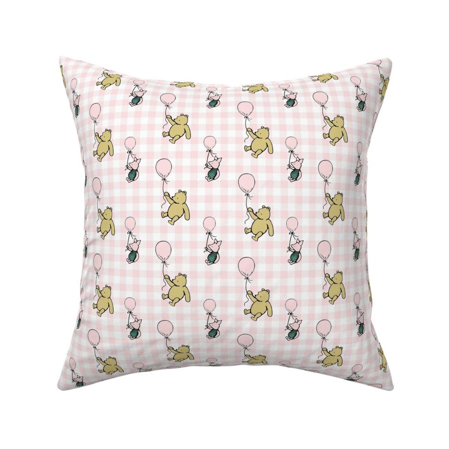 Smaller Scale Classic Pooh and Piglet with Balloons on Pale Pink Gingham Checker