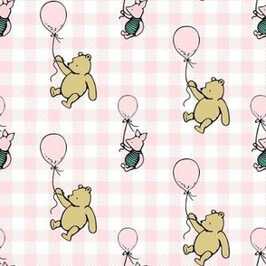 Smaller Scale Classic Pooh and Piglet with Balloons on Pale Pink Gingham Checker